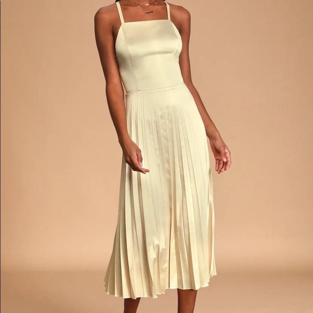 Lulus Champagne Satin Pleated Dress Small